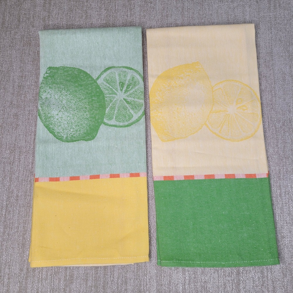 Williams-Sonoma Tea Towel Kitchen Green Yellow Lemon Lime Cotton Russia RARE